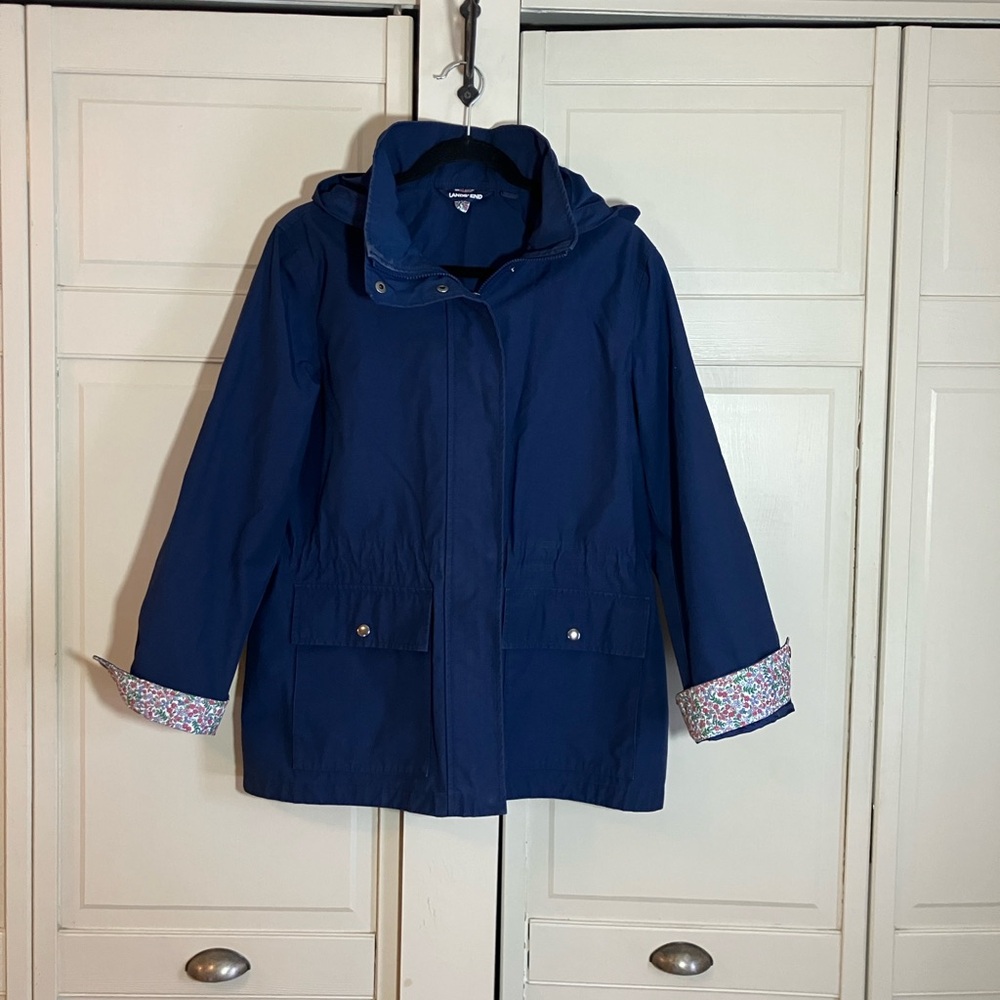 Lands End Navy Blue Hooded Jacket with Floral Trim Medium Like NEW